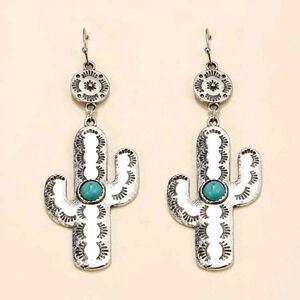 Western Silver Cactus Earrings Boho Turquoise bead cowgirl Jewelry 💖2/$30